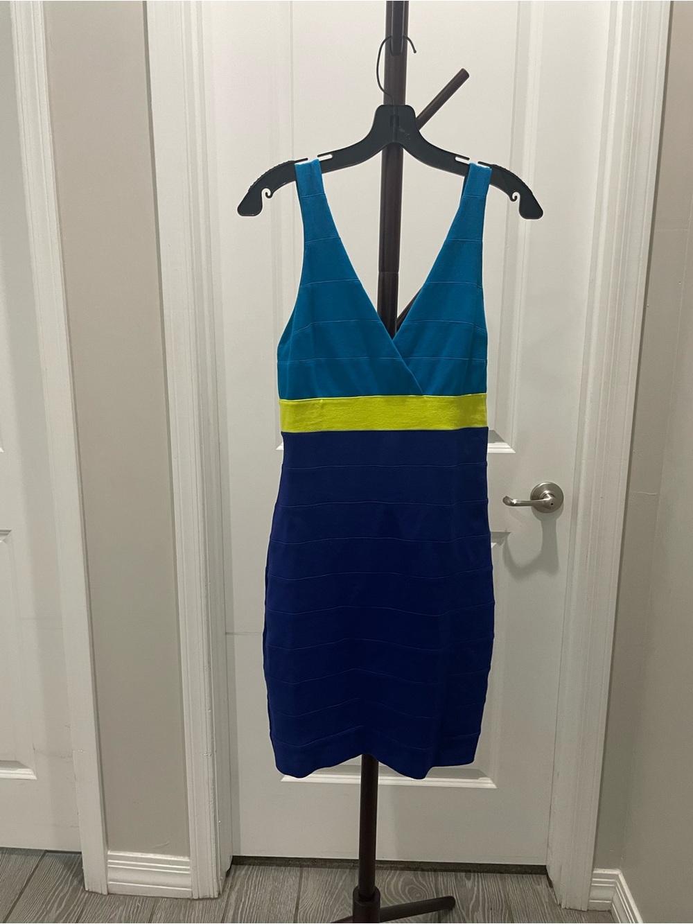 Express Colorblock V-Neck Mini Dress in Teal, Lime & Navy